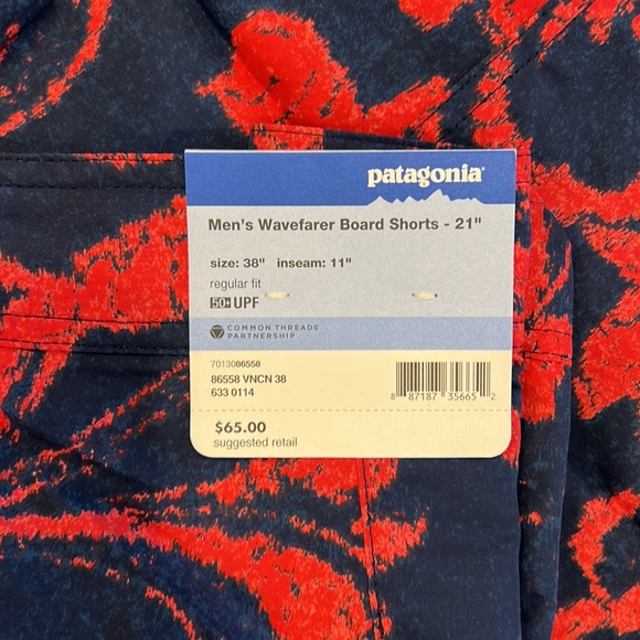 NWT PATAGONIA MENS BOARD SHORTS. BLUE AND RED DESIGN. - Picture 2 of 2
